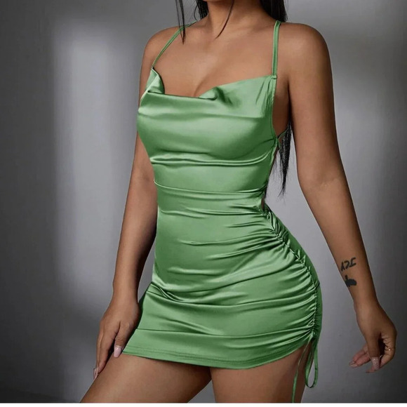 NWT SHEIN SXY Lace Up Backless Satin Bodycon Dress Mint Green and Size Small - Picture 1 of 7